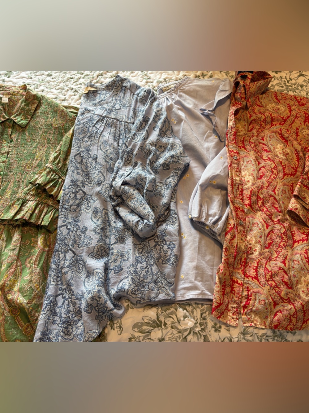 Four Printed Gauzy/ Cotton Blend Tops Mixed Paisley and Stripes